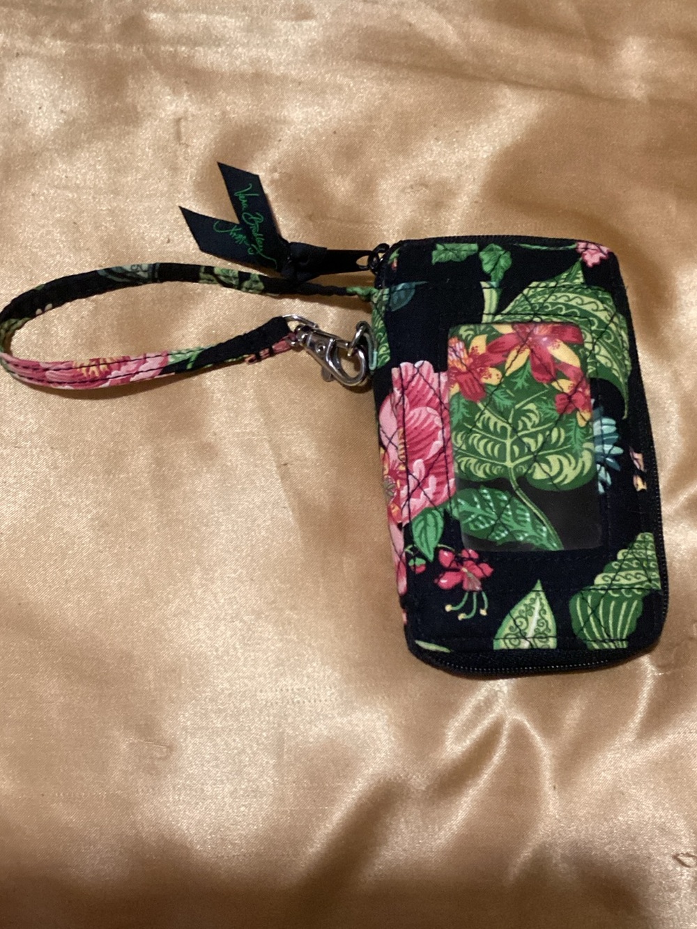 Vera Bradley Black Floral Wristlet Phone Wallet with Green & Pink Leaves